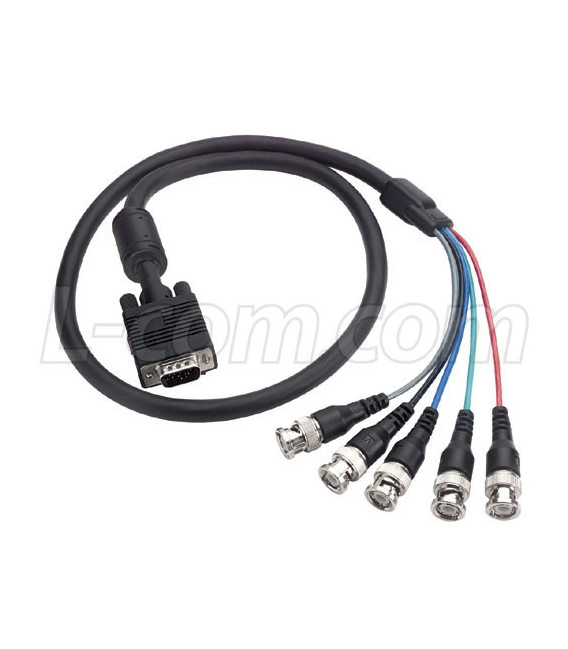 SVGA Breakout Cable, Black HD15 Male/BNC Male, w/Ferrite 6.0