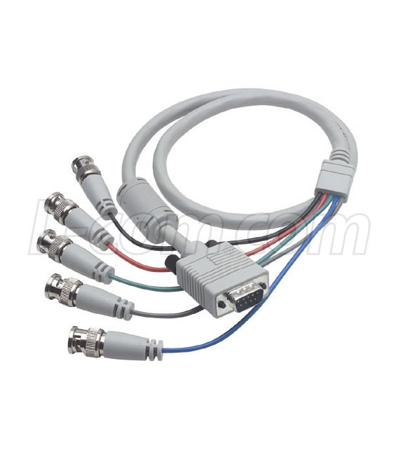 VGA Breakout Cable, DB9 Male w/Ferrite / 5 BNC Male, 6.0 ft
