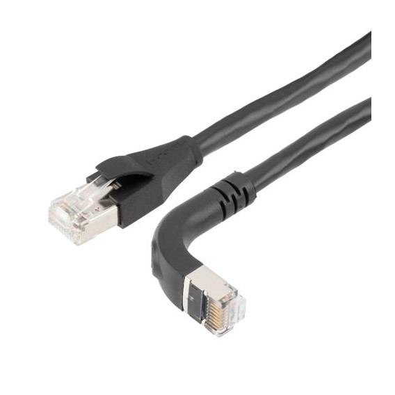 Ethernet Category 6a 10gig Right Angle Patch Cable, F/UTP Shielded, 26AWG, RJ45 Straight to Down, CMX PVC, Black, 5.0 ft