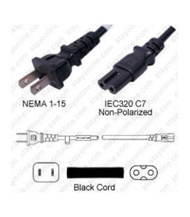 NEMA 1-15 Male to C7 Female 1.8 Meters 10 Amp 125 Volt 18/2 SPT-2 Black Power Cord