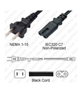 NEMA 1-15 Male to C7 Female 4.5 Meters 10 Amp 125 Volt 18/2 SPT-2 Black Power Cord