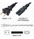 NEMA 1-15 Male to C7 Female 4.5 Meters 10 Amp 125 Volt 18/2 SPT-2 Black Power Cord