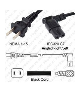 NEMA 1-15 Male to C7 Right/Left Angle Female 1.8 Meters 10 Amp 125 Volt 18/2 SPT-2 Black Power Cord