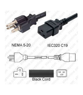 NEMA 5-20 Male to C19 Female 2.4 Meters 20 Amp 125 Volt 12/3 SJT Black Power Cord