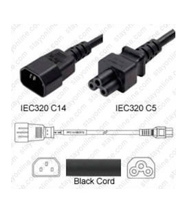 C14 Male to C5 1.0m 2.5a/250v H05VV-F3G1.0 & 18/3 SJT Power Cord - Black - CLEARANCE