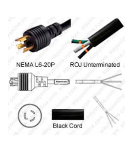 Locking NEMA L6-20 Male to ROJ Unterminated Female 3.2 Meters 15 Amp 250 Volt 14/3 SJT Black Power Cord