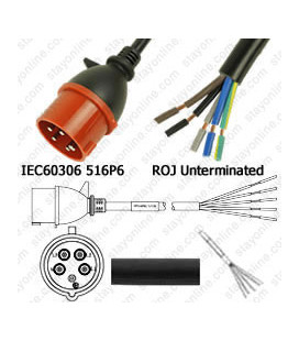 IEC 60309 516P6 Male to ROJ Unterminated Female 3.2 Meters 16 Amp 415 Volt H05VV-F 5x2.5 Black Power Cord