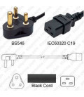 South Africa SANS 164-1 Down Male to C19 Female 3.0 Meters 16 Amp 250 Volt H05VV-F 3x1.5 Black Power Cord
