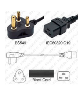 South Africa SANS 164-1 Down Male to C19 Female 2.5 Meters 16 Amp 250 Volt H05VV-F 3x1.5 Black Power Cord