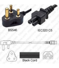 South Africa SANS 164-1 Down Male to C5 Female 1.8 Meters 2.5 Amp 250 Volt H05VV-F 3x1.0 Black Power Cord