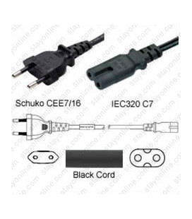 Euro CEE 7/16 Male to C7 Female 1.8 Meters 2.5 Amp 250 Volt H03VVH2-F 2x0.75 Black Power Cord