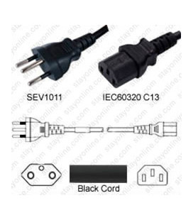Switzerland SEV 1011 Male to C13 Female 1.8 Meters 10 Amp 250 Volt H05VV-F 3x0.75 Black Power Cord