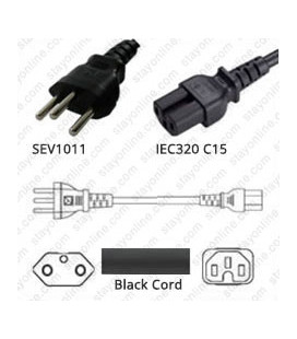 Switzerland SEV 1011 Male to C15 Female 2.5 Meters 10 Amp 250 Volt H05VV-F 3x1.0 Black Power Cord