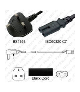 U.K. BS 1363 Down Male to C7 Female 1.8 Meters 2.5 Amp 250 Volt H03VVH2-F 2x0.75 Black Power Cord