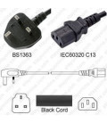U.K. BS 1363 Down Male to C13 Female 0.5 Meters 10 Amp 250 Volt H05VV-F 3x0.75 Black Power Cord