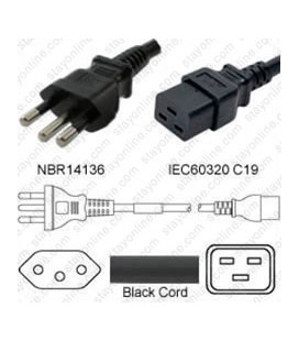 Brazil NBR 14136 Male to C19 Female 1.8 Meters 16 Amp 250 Volt H05VV-F 3x1.5 Black Power Cord