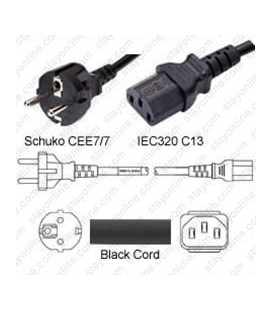 Schuko CEE 7/7 Male to C13 Female 2.5 Meters 10 Amp 250 Volt H05VV-F 3x1.0 Black Power Cord