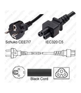 Schuko CEE 7/7 Male to C5 Female 2.0 Meters 2.5 Amp 250 Volt H05VV-F 3x0.75 Black Power Cord