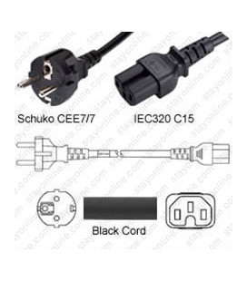Schuko CEE 7/7 Male to C15 Female 1.8 Meters 10 Amp 250 Volt H05V2V2-F 3x0.75 Black Power Cord