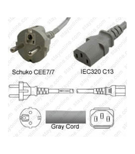 Gray Power Cord Schuko CEE 7/7 Male to C13 Female 2.5 Meters 10 Amp 250 Volt H05VV-F 3x1.0