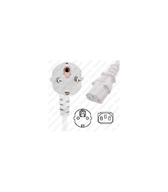 White Power Cord Schuko CEE 7/7 Down Male to C13 Female 1.0 Meters 10 Amp 250 Volt H05VV-F 3x1.0