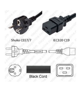 Schuko CEE 7/7 Male to C19 Female 3.0 Meters 16 Amp 250 Volt H05VV-F 3x1.5 Black Power Cord