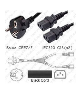 Splitter Schuko CEE 7/7 Male to x2 C13 Female 1.0 Meter 10 Amp 250 Volt H05VV-F 3x1.0 Black Power Cord