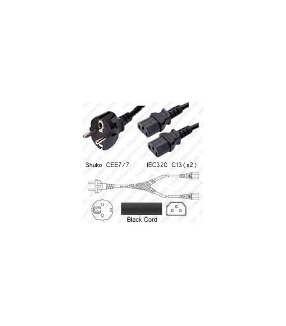 Splitter Schuko CEE 7/7 Male to x2 C13 Female 2.0 Meters 10 Amp 250 Volt H05VV-F 3x1.0 Black Power Cord