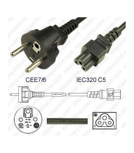 France CEE 7/6 Male to C5 Female 1.8 Meters 2.5 Amp 250 Volt H05VV-F 3x0.75 Black Power Cord