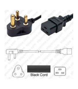 India IS 1293 Down Male to C19 Female 3.0 Meters 16 Amp 250 Volt H05VV-F 3x1.5 Black Power Cord