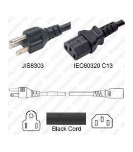 Japan JIS 8303 Male to C13 Female 2.5 Meters 12 Amp 125 Volt VCTF 3x1.25 Black Power Cord