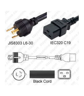 Japan PSE L6-30 Male to C19 Female 3.0 Meters 20 Amp 250 Volt VCTF 3x3.5 Black Power Cord