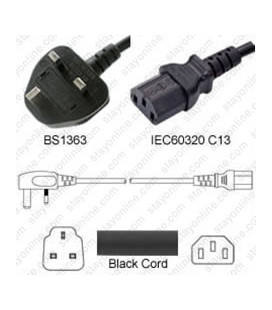 Power Cord Gulf States BS1363 Male Plug Angled Down to IEC60320 C13 Black 1.2 Meter / 4 Feet 10 Amp 250 Volt H05VV-F3G.75
