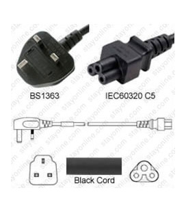 Power Cord Gulf States BS1363 Male Plug Angled Down to IEC60320 C5 Black 2.0 Meter / 6.5 Feet 2.5 Amp 250 Volt H05VV-F3G.75