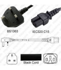 Power Cord Gulf States BS1363 Male Plug Angled Down to IEC60320 C15 Black 1.8 Meter / 6 Feet 10 Amp 250 Volt H05VV-F3G.75
