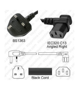 Power Cord Gulf States BS1363 Male Plug Angled Down to IEC60320 C13 Right 2.0 Meter / 6.5 Feet 10 Amp 250 Volt H05VV-F3G1.0