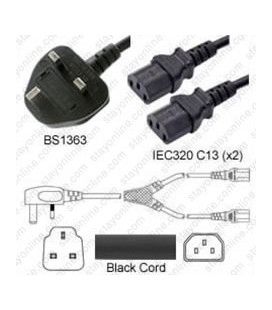Power Cord Gulf States BS1363 Male Plug Angled Down to IEC60320 x2 C13 Black 2.0 Meter / 6.5 Feet 10 Amp 250 Volt H05VV-F3G1.0