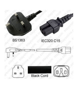 Power Cord Gulf States BS1363 Male Plug Angled Down to IEC60320 C15 Black 2.5 Meter / 8 Feet 10 Amp 250 Volt H05VV-F3G1.0