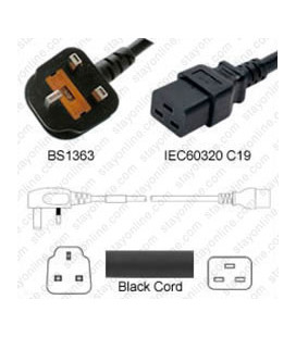 Power Cord Gulf States BS1363 Male Plug Angled Down to IEC60320 C19 Black 3.0 Meter / 10 Feet 13 Amp 250 Volt H05VV-F3G1.5