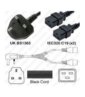 Power Cord Gulf States BS1363 Male Plug Angled Down to IEC60320 x2 C19 Black 2.0 Meter / 6.5 Feet 13 Amp 250 Volt H05VV-F3G1.5