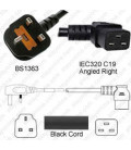 Power Cord Gulf States BS1363 Male Plug Angled Down to IEC60320 C19 Right Black 3.0 Meter / 10 Feet 13 Amp 250 Volt H05VV-F3G1.5