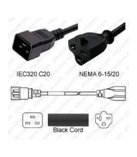 C20 Plug Male to North America NEMA 6-15/20 T-Slot Female 0.3 Meter Plug Adapter Cord 12/3 SJT - Black
