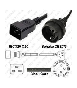C20 Male to France CEE 7/5 Female 0.5 Meter 10 Amp 250 Volt H05VV-F 3x1.0 Black Power Cord
