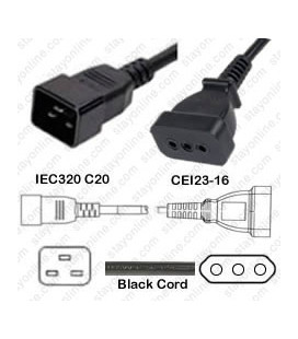 C20 Male to Italy CEI 23-16 Female 0.5 Meter 10 Amp 250 Volt H05VV-F 3x1.0 Black Power Cord