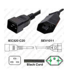 C20 Male to Switzerland SEV 1011 Female 0.5 Meter 10 Amp 250 Volt H05VV-F 3x1.0 Black Power Cord