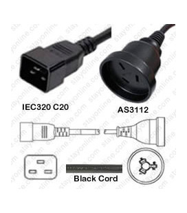 C20 Male to Australia AS 3112 Female 0.5 Meter 10 Amp 250 Volt H05VV-F 3x1.0 Black Power Cord