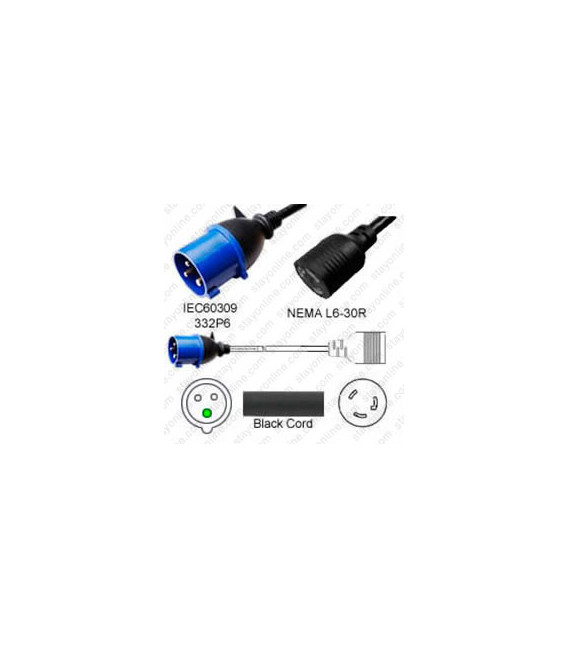 IEC 60309 332P6 Male Plug to Locking L6-30 Female Connector 0.3 Meter Plug Adapter Cord H05VV-F 3x4.0 - Black