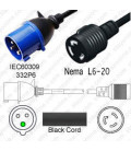 IEC 60309 332P6 Plug to North America NEMA Locking L6-20 Female 0.3 Meter Plug Adapter Cord H05VV-F 3x4.0 - Black