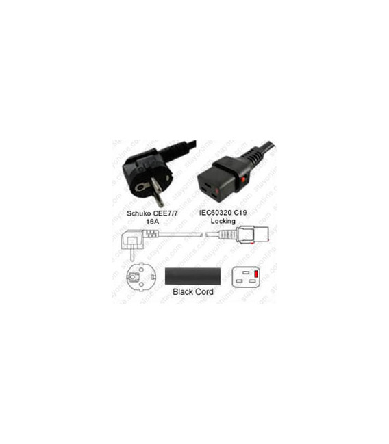 Schuko CEE 7/7 Down Male to C19 Female 2.0 Meters 16 Amp 250 Volt H05VV-F 3x1.50 Black Power Cord