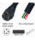 NEMA 15-50 Down Male to ROJ Unterminated Female 3.2 Meters 45 Amp 250 Volt 6/4 SOOW Black Power Cord